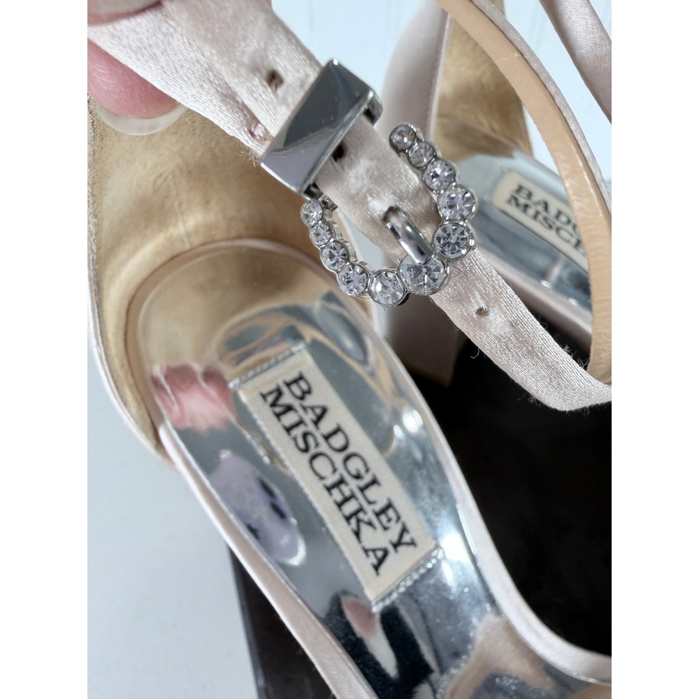 Badgley Mischka Light Pink Crystal Embellished Satin Block Heel Sandals Slides 6 - Picture 7 of 16
